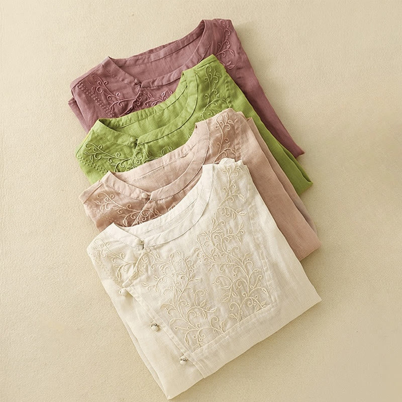 Buddha Stones Plain Frog-Button Embroidery Vine Long Sleeve Slanted Collar Cotton Linen Women's Shirt - image 10