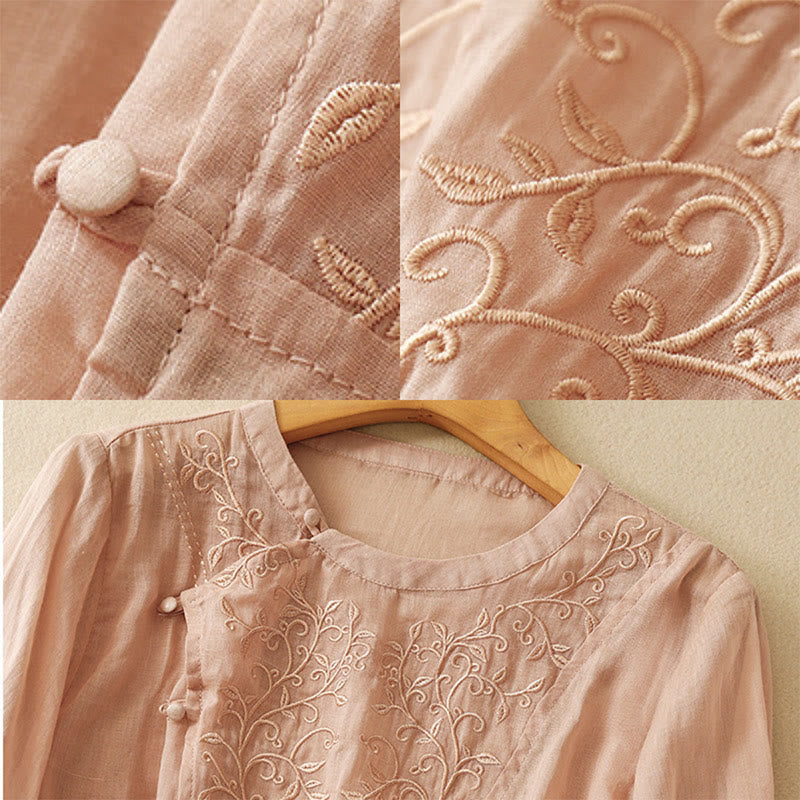 Buddha Stones Plain Frog-Button Embroidery Vine Long Sleeve Slanted Collar Cotton Linen Women's Shirt - image 7