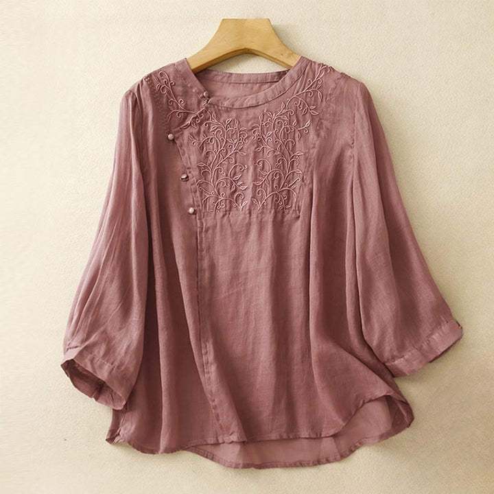 Buddha Stones Plain Frog-Button Embroidery Vine Long Sleeve Slanted Collar Cotton Linen Women's Shirt - IndianRed - US8-10，UK/AU12-14，EU40-42 (2XL) - image 0