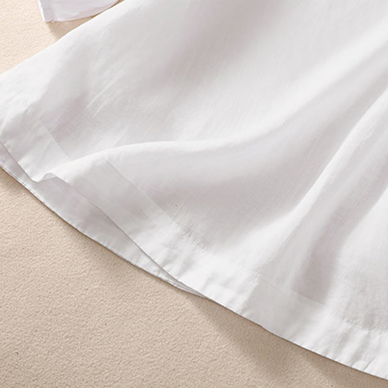 Buddha Stones Casual Plain Button Floral Embroidered Design Puff Half Sleeve Cotton Linen Women's Shirt - image 11