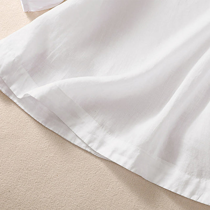 Buddha Stones Casual Plain Button Floral Embroidered Design Puff Half Sleeve Cotton Linen Women's Shirt - image 11