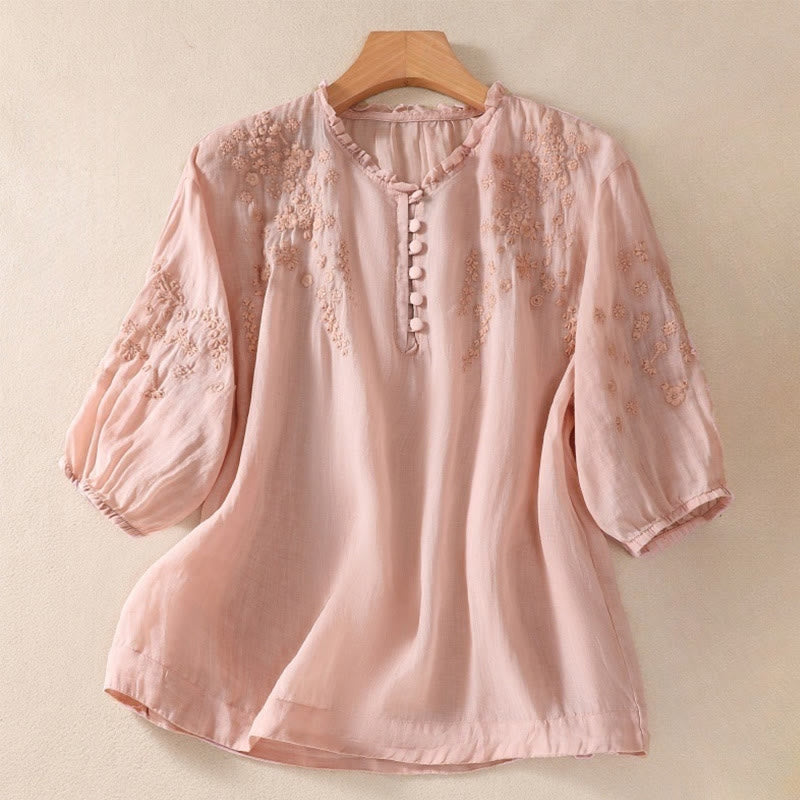 Buddha Stones Casual Plain Button Floral Embroidered Design Puff Half Sleeve Cotton Linen Women's Shirt - LightPink - US8-10，UK/AU12-14，EU40-42 (2XL) - image 13