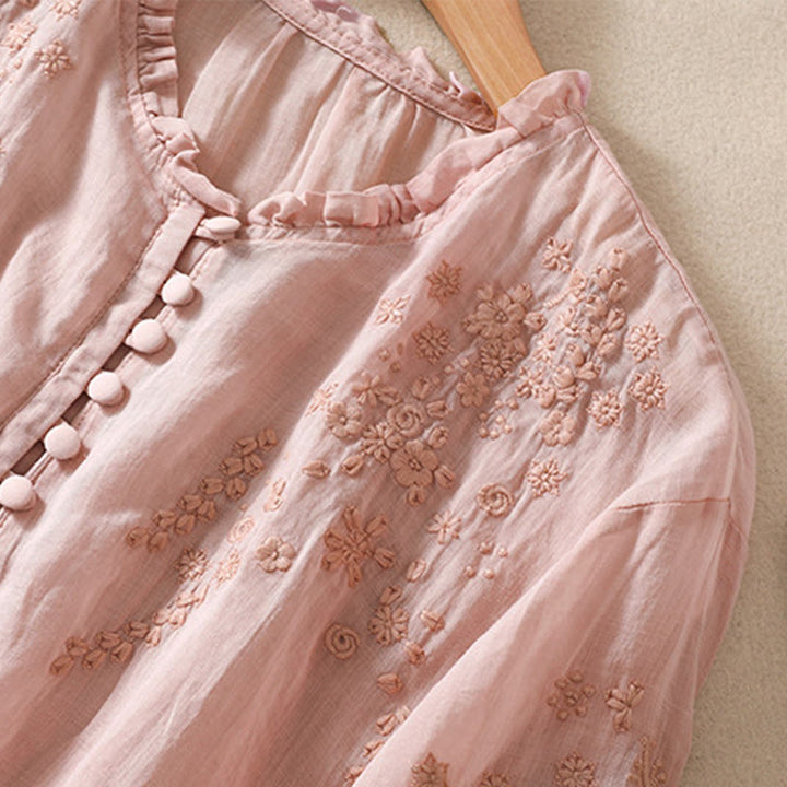 Buddha Stones Casual Plain Button Floral Embroidered Design Puff Half Sleeve Cotton Linen Women's Shirt - image 16