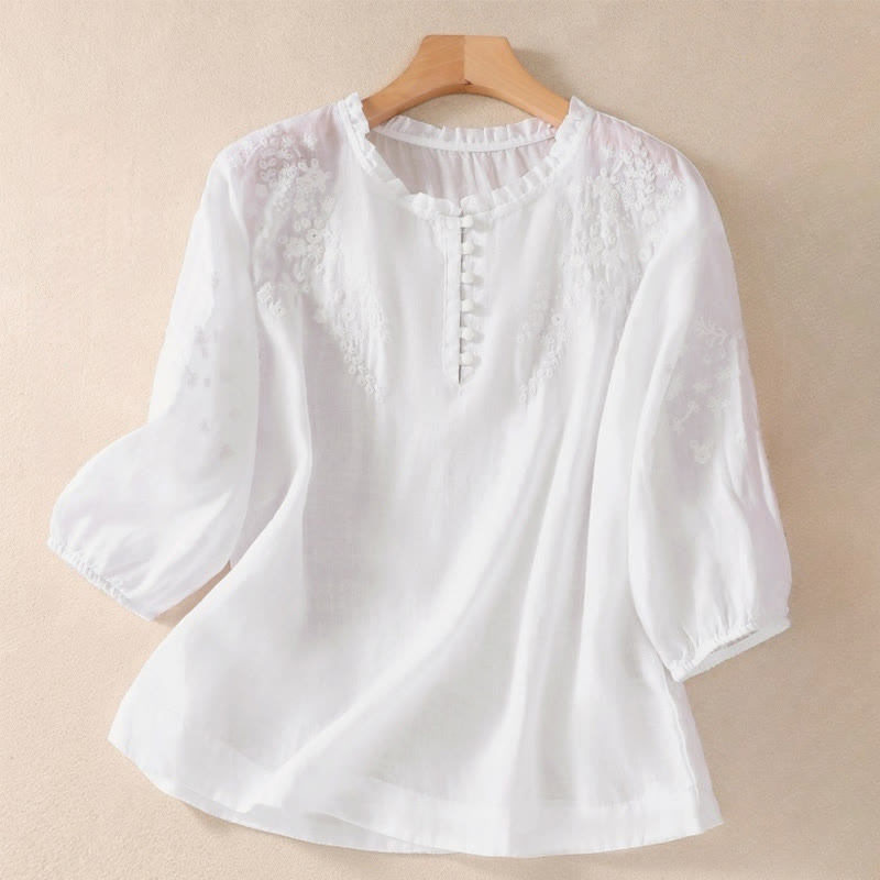Buddha Stones Casual Plain Button Floral Embroidered Design Puff Half Sleeve Cotton Linen Women's Shirt - WhiteSmoke - US8-10，UK/AU12-14，EU40-42 (2XL) - image 7