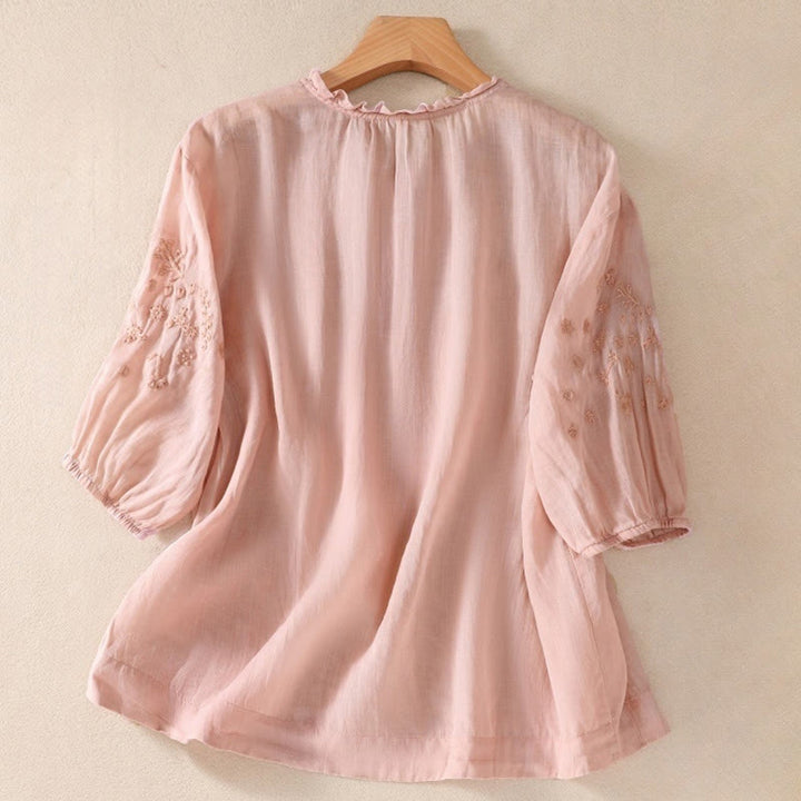 Buddha Stones Casual Plain Button Floral Embroidered Design Puff Half Sleeve Cotton Linen Women's Shirt - image 14
