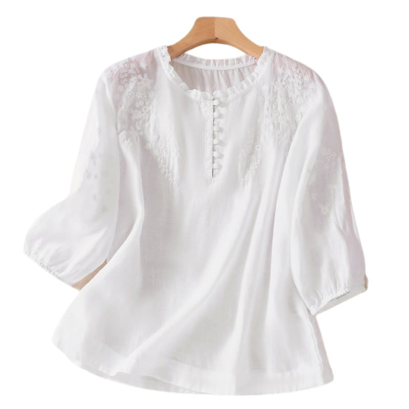 Buddha Stones Casual Plain Button Floral Embroidered Design Puff Half Sleeve Cotton Linen Women's Shirt - image 12