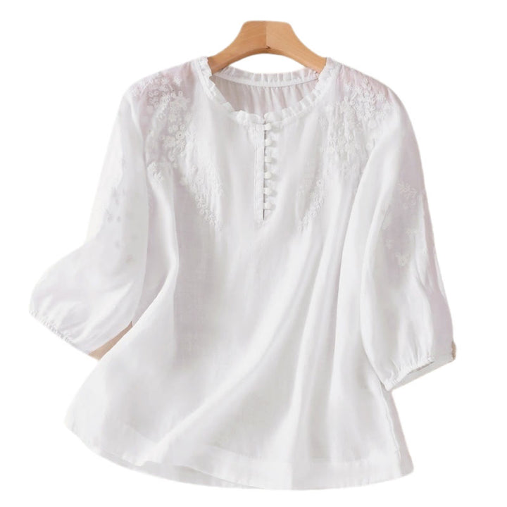Buddha Stones Casual Plain Button Floral Embroidered Design Puff Half Sleeve Cotton Linen Women's Shirt - image 12