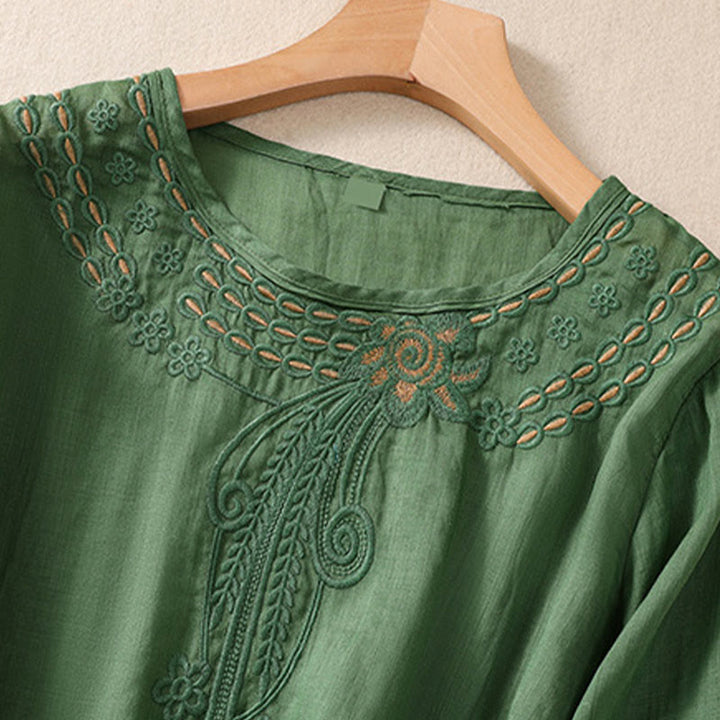 Buddha Stones Artistic Plain Floral Embroidered Design Crew Neck Puff Half Sleeve Women's T-Shirt - image 20