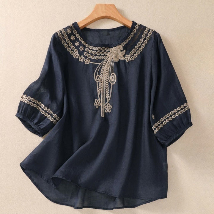 Buddha Stones Artistic Plain Floral Embroidered Design Crew Neck Puff Half Sleeve Women's T-Shirt - DarkSlateBlue - US8-10，UK/AU12-14，EU40-42 (2XL) - image 0