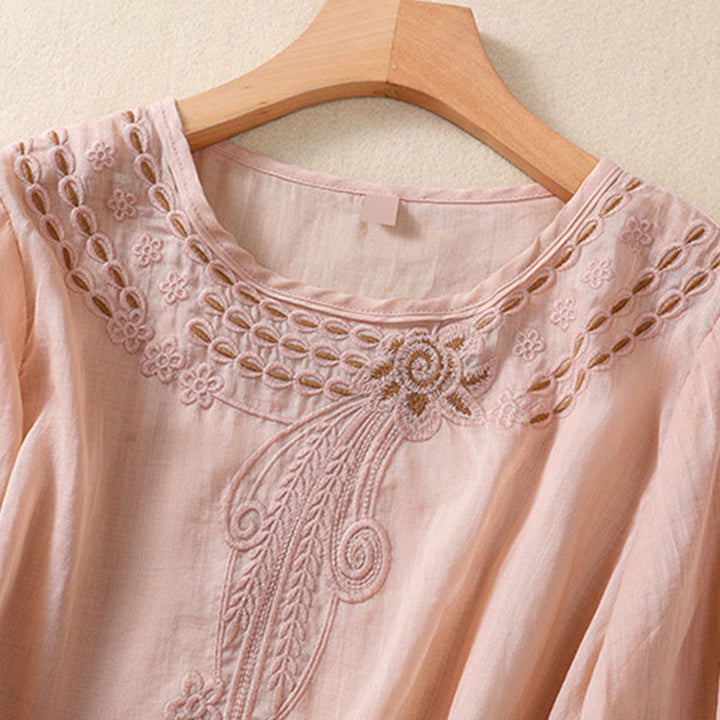 Buddha Stones Artistic Plain Floral Embroidered Design Crew Neck Puff Half Sleeve Cotton Linen Women's T-Shirt - image 7