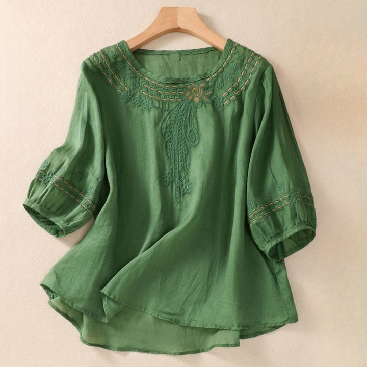 Buddha Stones Artistic Plain Floral Embroidered Design Crew Neck Puff Half Sleeve Cotton Linen Women's T-Shirt - SeaGreen - US8-10，UK/AU12-14，EU40-42 (2XL) - image 19