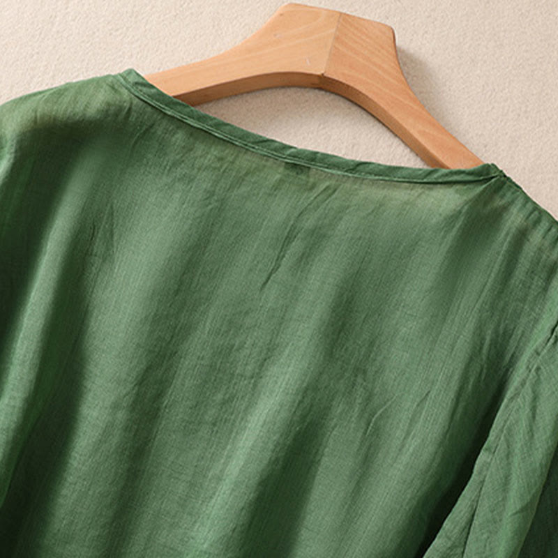 Buddha Stones Artistic Plain Floral Embroidered Design Crew Neck Puff Half Sleeve Cotton Linen Women's T-Shirt - image 21