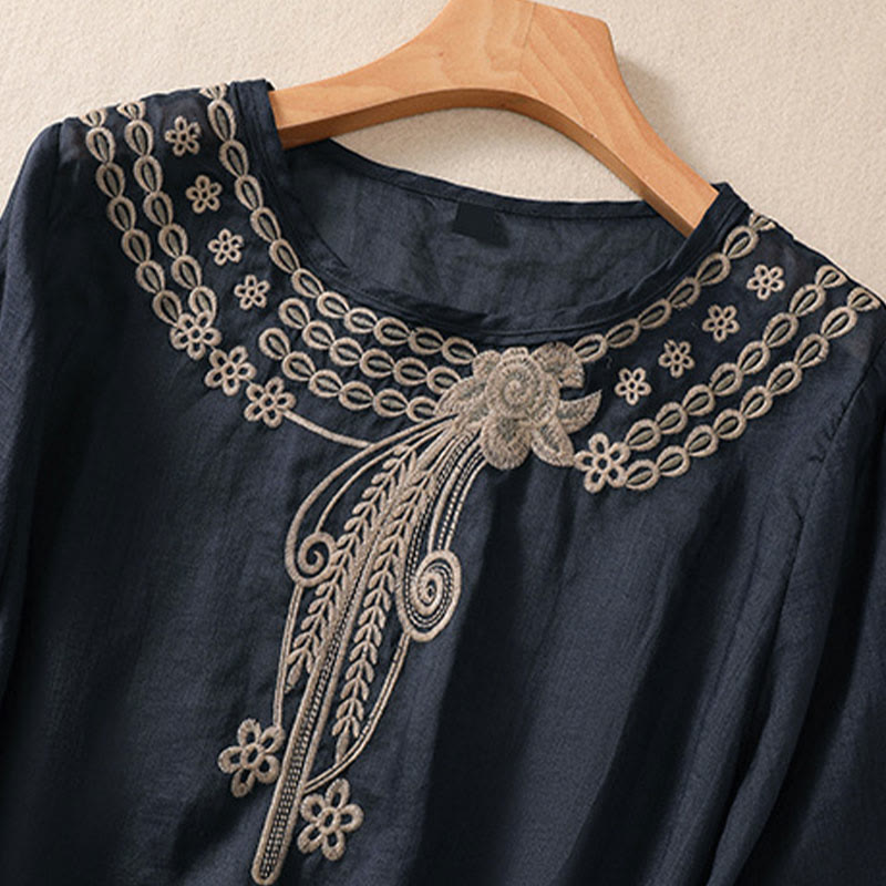 Buddha Stones Artistic Plain Floral Embroidered Design Crew Neck Puff Half Sleeve Women's T-Shirt - image 2
