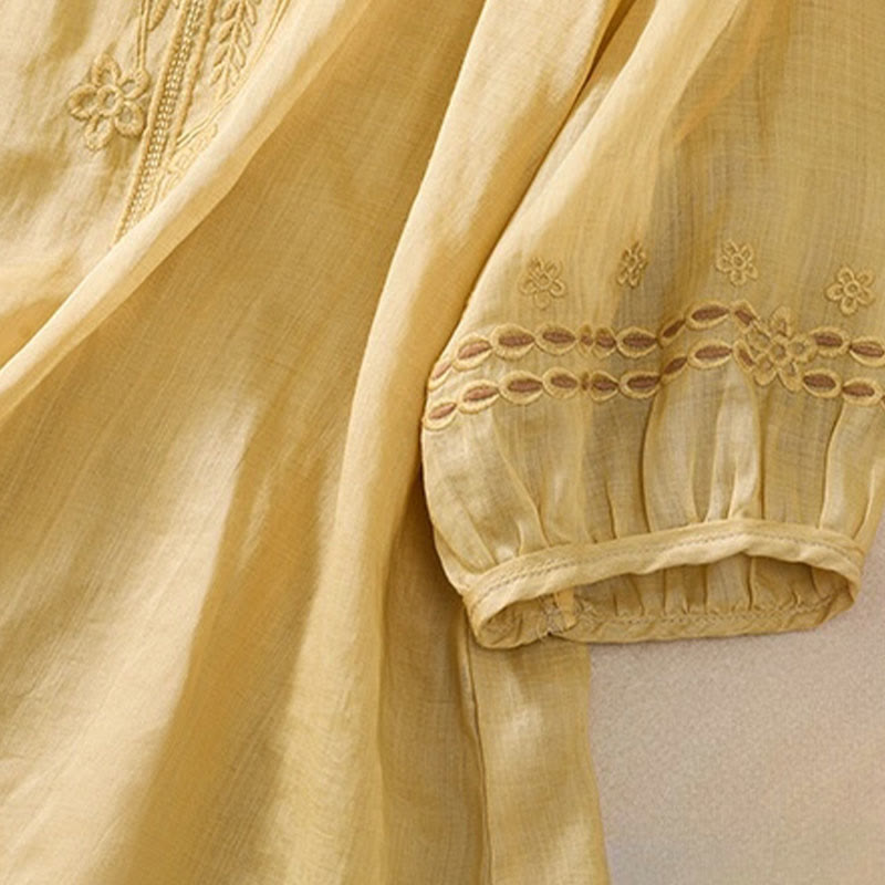 Buddha Stones Artistic Plain Floral Embroidered Design Crew Neck Puff Half Sleeve Cotton Linen Women's T-Shirt - image 17