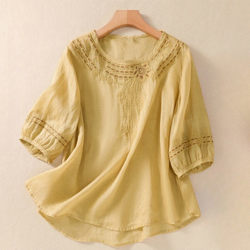 Buddha Stones Artistic Plain Floral Embroidered Design Crew Neck Puff Half Sleeve Women's T-Shirt - Khaki - US8-10，UK/AU12-14，EU40-42 (2XL) - image 12