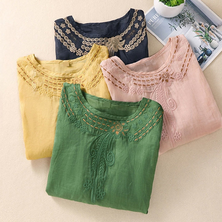 Buddha Stones Artistic Plain Floral Embroidered Design Crew Neck Puff Half Sleeve Cotton Linen Women's T-Shirt - image 26