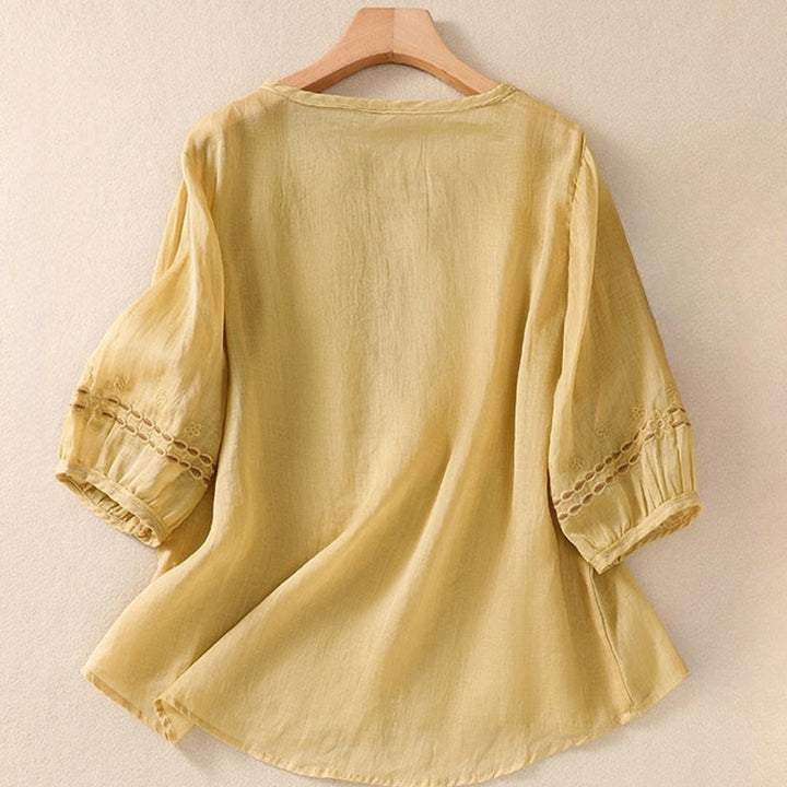 Buddha Stones Artistic Plain Floral Embroidered Design Crew Neck Puff Half Sleeve Cotton Linen Women's T-Shirt - image 13