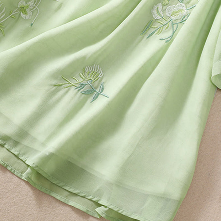 Buddha Stones Embroidery Plants Flower Half Sleeve Plain Frog-Button Stand Collar Women's Shirt - image 7