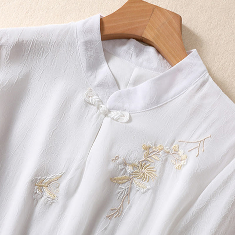 Buddha Stones Embroidery Plants Flower Half Sleeve Plain Frog-Button Stand Collar Women's Shirt - image 12