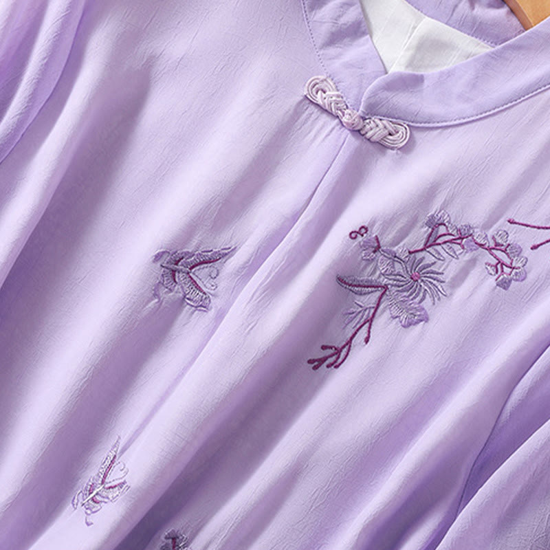 Buddha Stones Embroidery Plants Flower Half Sleeve Plain Frog-Button Stand Collar Women's Shirt - image 22