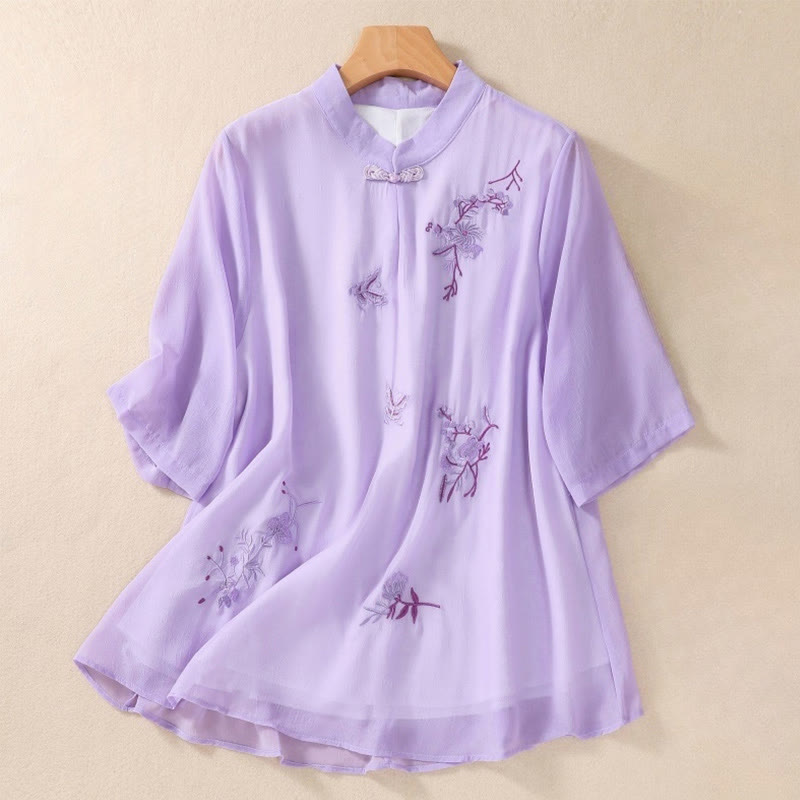 Buddha Stones Embroidery Plants Flower Half Sleeve Plain Frog-Button Stand Collar Women's Shirt - Orchid - US8-10，UK/AU12-14，EU40-42 (2XL) - image 19
