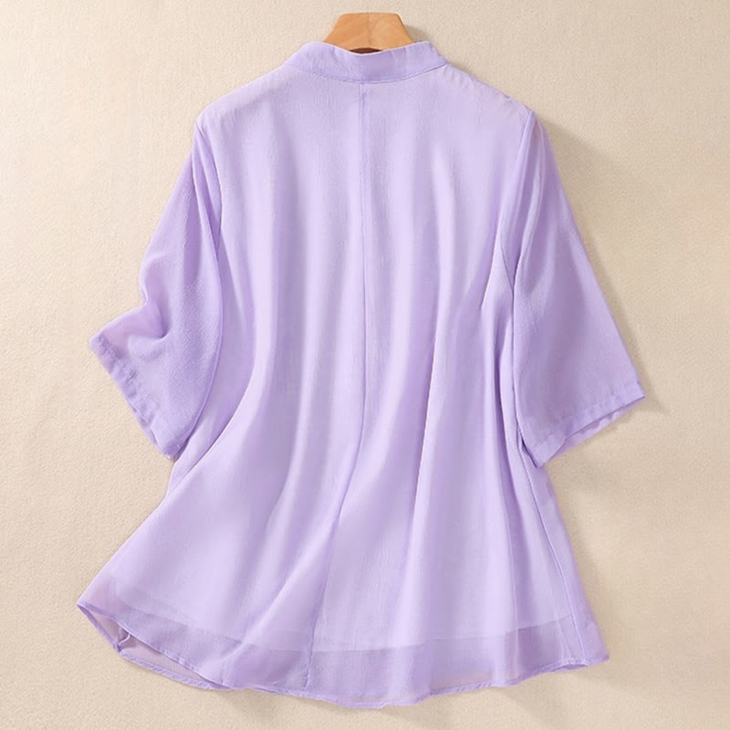 Buddha Stones Embroidery Plants Flower Half Sleeve Plain Frog-Button Stand Collar Women's Shirt - image 20