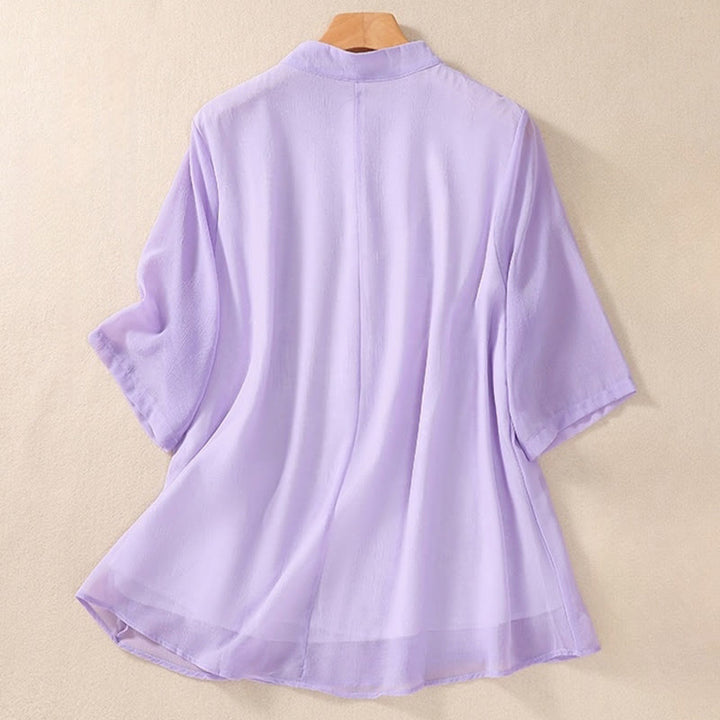 Buddha Stones Embroidery Plants Flower Half Sleeve Plain Frog-Button Stand Collar Women's Shirt - image 20