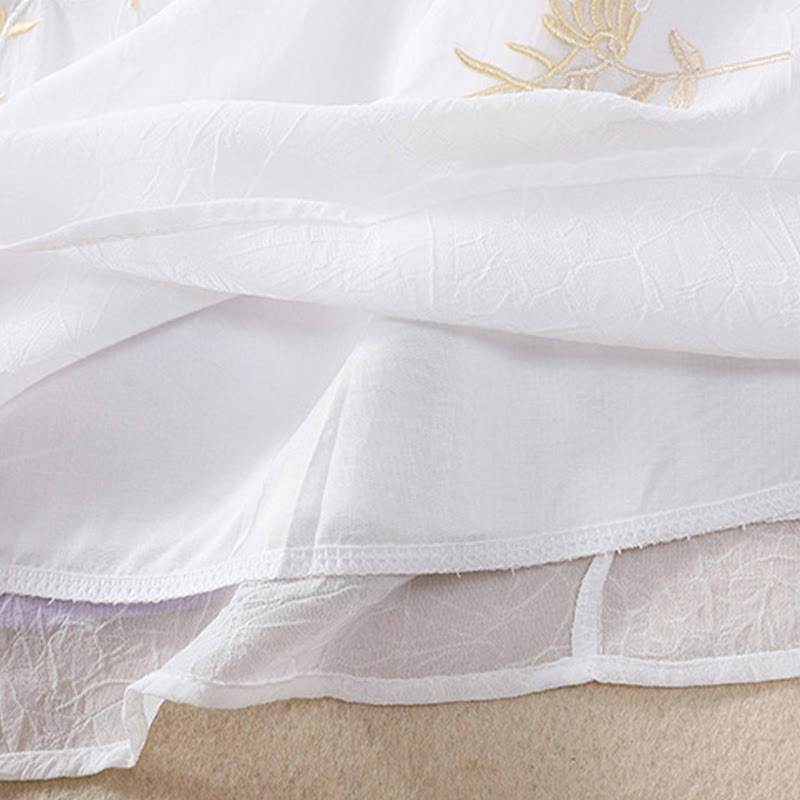 Buddha Stones Embroidery Plants Flower Half Sleeve Plain Frog-Button Stand Collar Women's Shirt - image 17