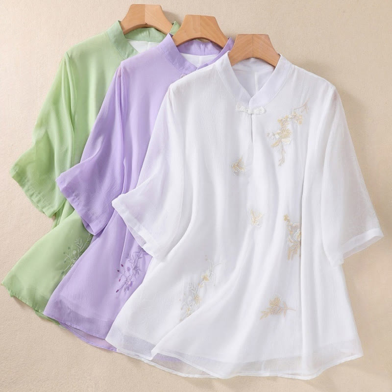 Buddha Stones Embroidery Plants Flower Half Sleeve Plain Frog-Button Stand Collar Women's Shirt - image 27