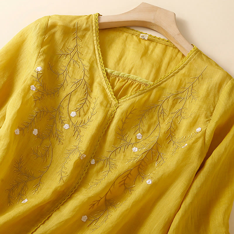 Buddha Stones Summer Casual Flower Branches Embroidered Pattern V-Neck Half Sleeve Cotton Linen Women's T-shirt - image 1