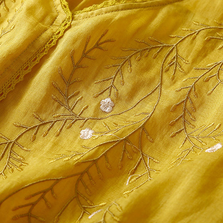 Buddha Stones Summer Casual Flower Branches Embroidered Pattern V-Neck Half Sleeve Cotton Linen Women's T-shirt - image 2