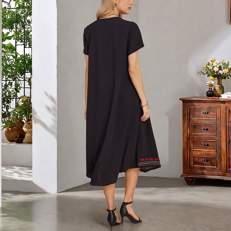 Buddha Stones Black Summer Casual Bohemian Embroidery Geometric Pattern Short Sleeve V-Neck Cotton Midi Dress - image 6
