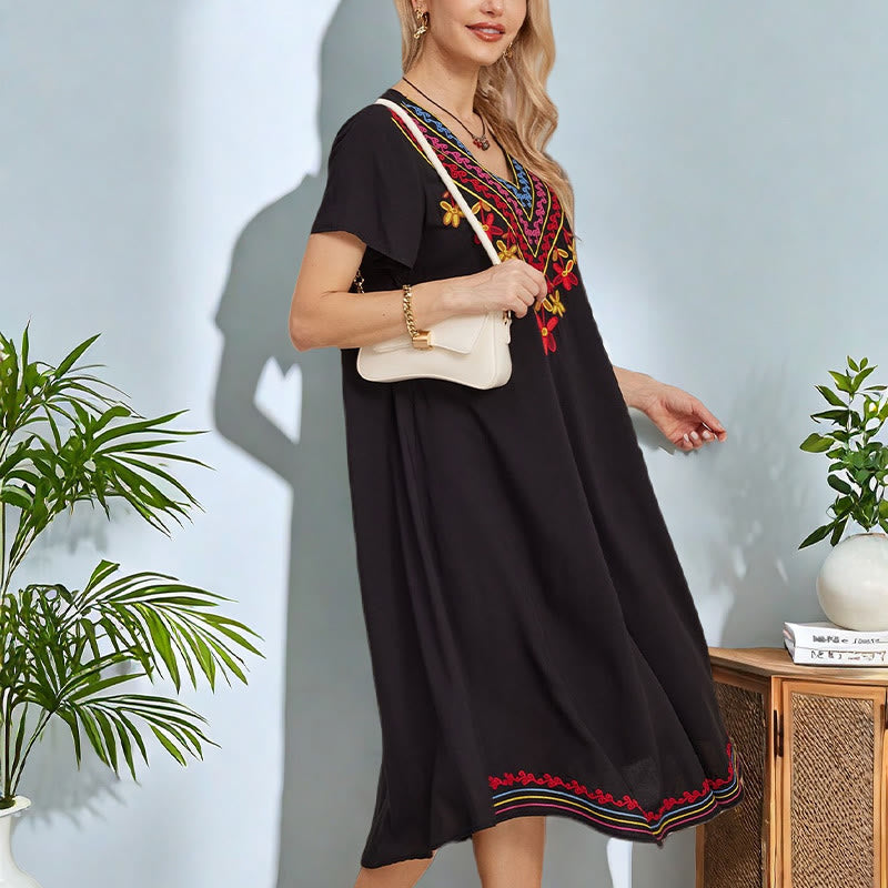 Buddha Stones Black Summer Casual Bohemian Embroidery Geometric Pattern Short Sleeve V-Neck Cotton Midi Dress - image 7