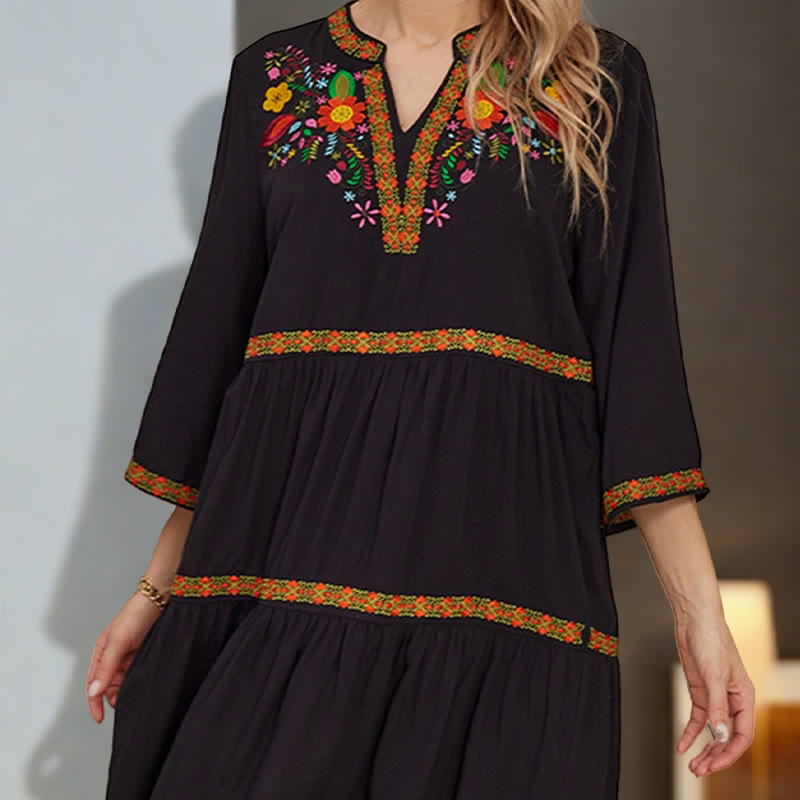 Buddha Stones Black Loose Bohemian Embroidery Floral Geometric Pattern Three Quarter Sleeve Cotton Midi Dress - image 6