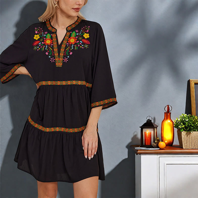 Buddha Stones Black Loose Bohemian Embroidery Floral Geometric Pattern Three Quarter Sleeve Cotton Midi Dress - image 1