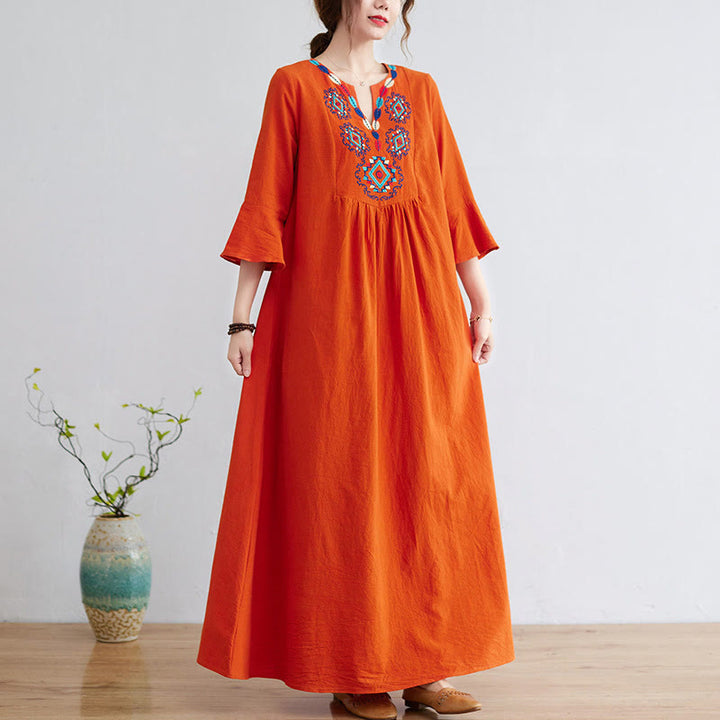 Buddha Stones Loose Plain Ethnic Embroidery Floral Pattern Three Quarter Sleeve Cotton Linen Maxi Dress - OrangeRed - US8-10，UK/AU12-14，EU40-42 (2XL) - image 9