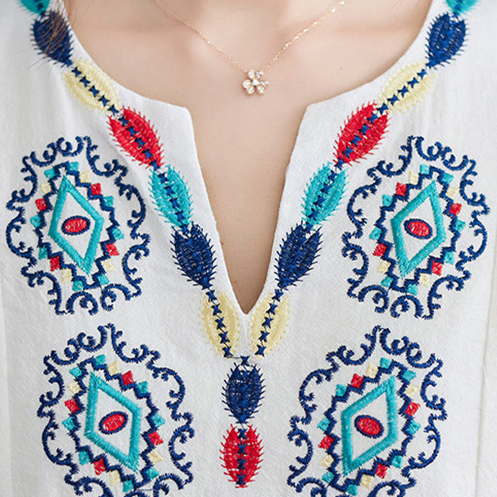 Buddha Stones Loose Plain Ethnic Embroidery Floral Pattern Three Quarter Sleeve Cotton Linen Maxi Dress - image 5