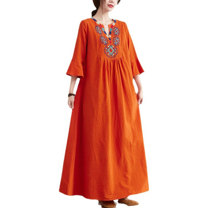 Buddha Stones Loose Plain Ethnic Embroidery Floral Pattern Three Quarter Sleeve Cotton Linen Maxi Dress - image 14