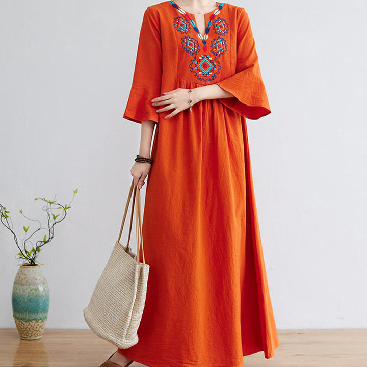 Buddha Stones Loose Plain Ethnic Embroidery Floral Pattern Three Quarter Sleeve Cotton Linen Maxi Dress - image 11