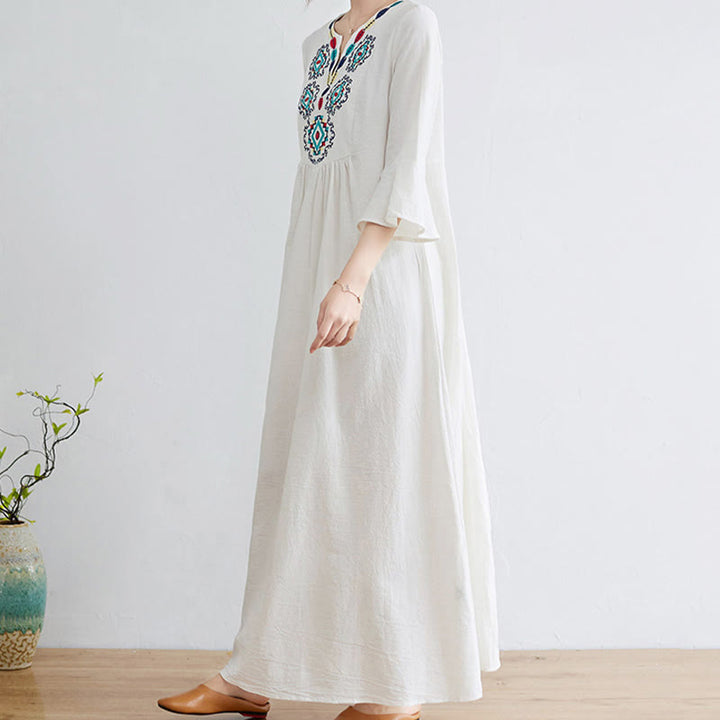 Buddha Stones Loose Plain Ethnic Embroidery Floral Pattern Three Quarter Sleeve Cotton Linen Maxi Dress - image 2