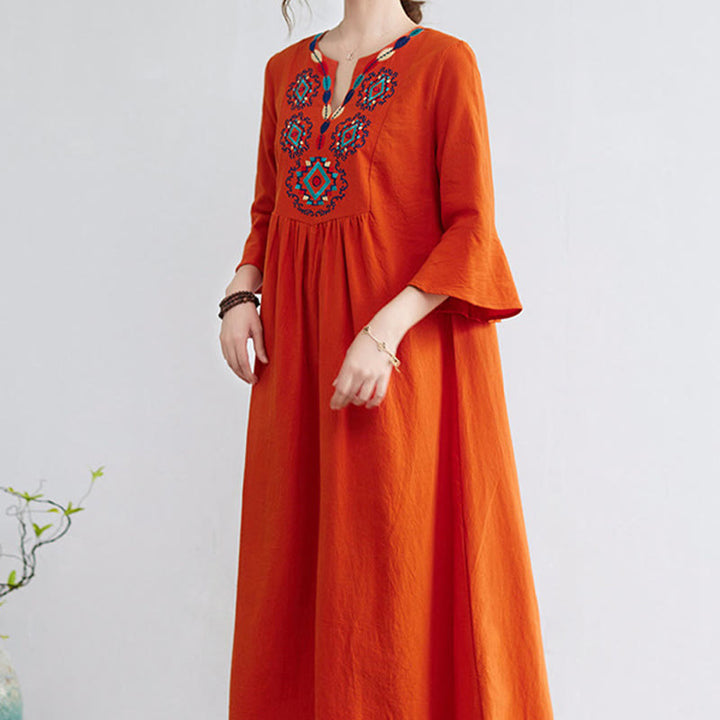 Buddha Stones Loose Plain Ethnic Embroidery Floral Pattern Three Quarter Sleeve Cotton Linen Maxi Dress - image 13