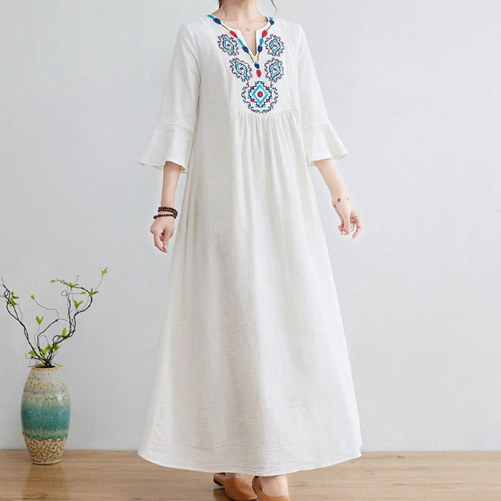 Buddha Stones Loose Plain Ethnic Embroidery Floral Pattern Three Quarter Sleeve Cotton Linen Maxi Dress - image 3
