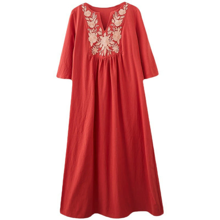 Buddha Stones Casual Bohemia Embroidery Floral Simple Design Three Quarter Sleeve V-Neck Cotton Linen Maxi Dress