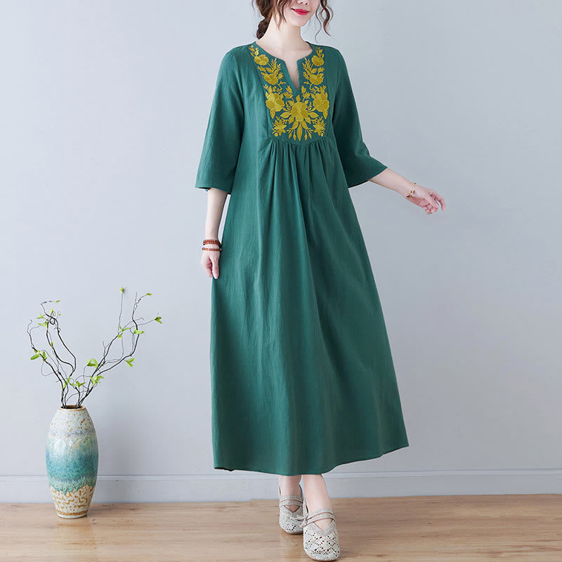 Buddha Stones Casual Bohemia Embroidery Floral Simple Design Three Quarter Sleeve V-Neck Cotton Linen Maxi Dress