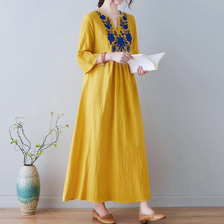 Buddha Stones Casual Bohemia Embroidery Floral Simple Design Three Quarter Sleeve V-Neck Cotton Linen Maxi Dress