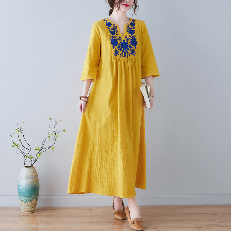 Buddha Stones Casual Bohemia Embroidery Floral Simple Design Three Quarter Sleeve V-Neck Cotton Linen Maxi Dress - Gold - US8-10，UK/AU12-14，EU40-42 (2XL) - image 0