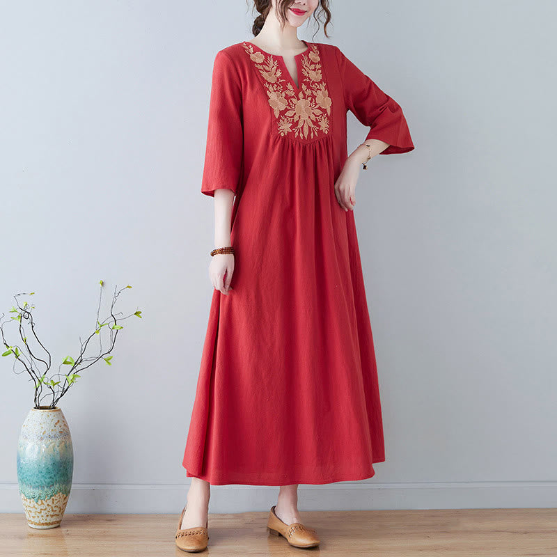 Buddha Stones Casual Bohemia Embroidery Floral Simple Design Three Quarter Sleeve V-Neck Cotton Linen Maxi Dress