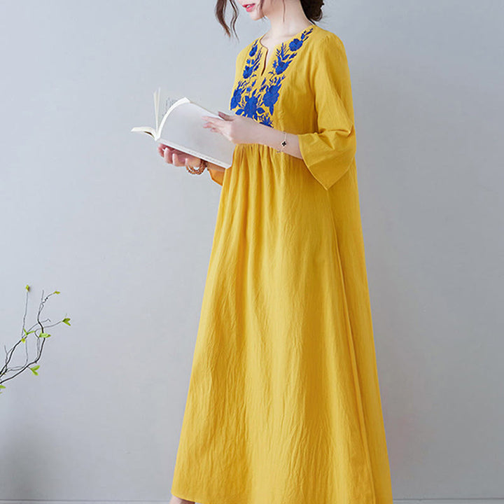 Buddha Stones Casual Bohemia Embroidery Floral Simple Design Three Quarter Sleeve V-Neck Cotton Linen Maxi Dress