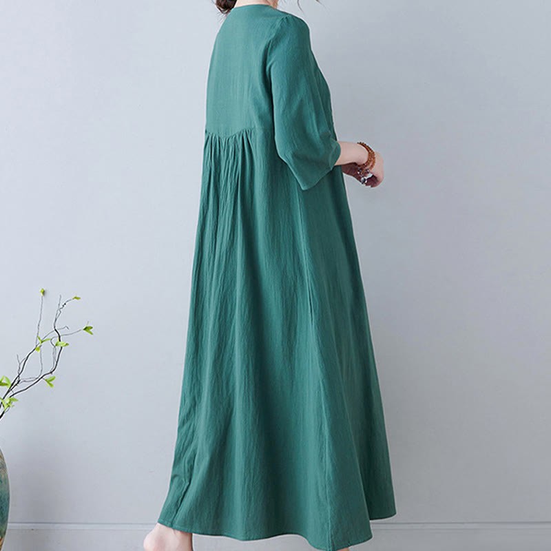 Buddha Stones Casual Bohemia Embroidery Floral Simple Design Three Quarter Sleeve V-Neck Cotton Linen Maxi Dress