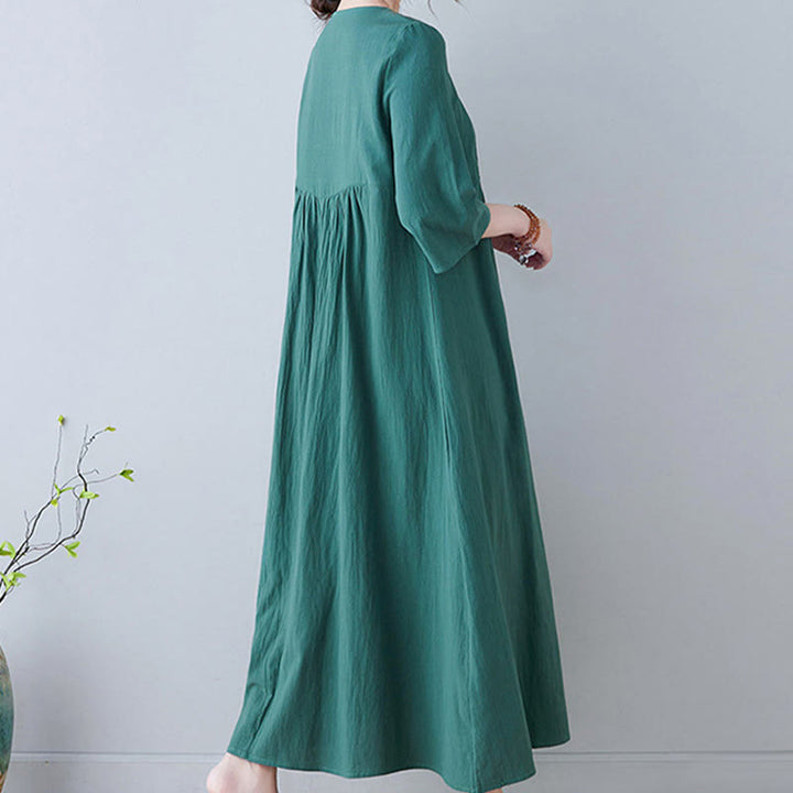 Buddha Stones Casual Bohemia Embroidery Floral Simple Design Three Quarter Sleeve V-Neck Cotton Linen Maxi Dress